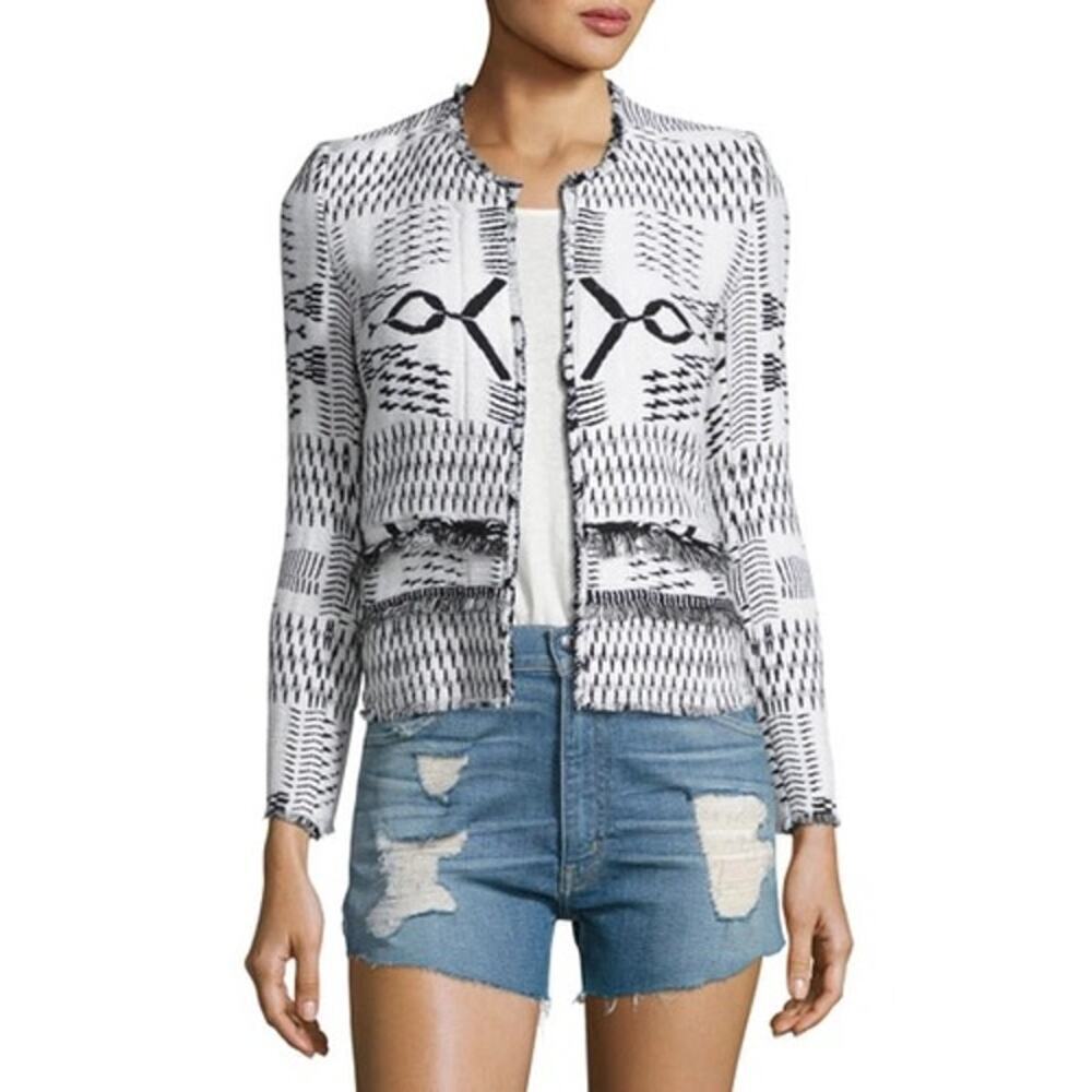 Iro Kerr Open-Front Fringe Kerr Ikat Jacket White Black Small